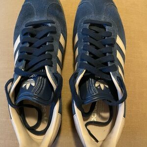 adidas Original Gazelles Navy Suede Sneakers with Tan Stripes